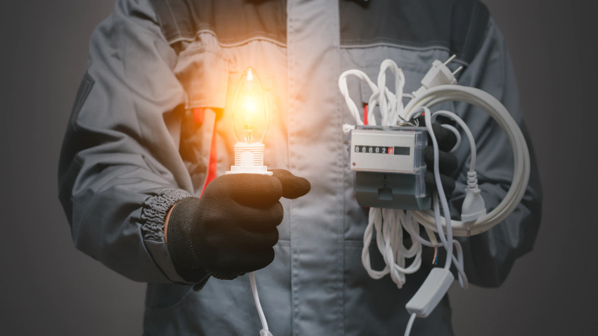 an electrician holding a bulb that lights up and other materials